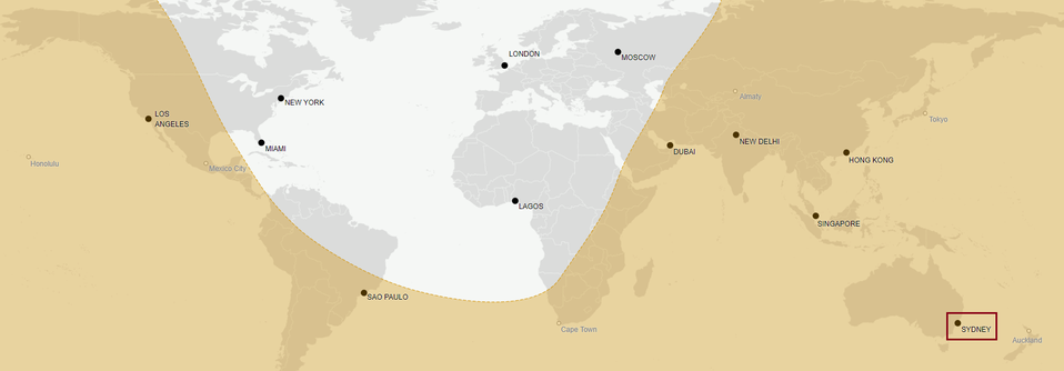 An approximation of the destinations reachable from Sydney on the Bombardier Global 7500 without stopping
